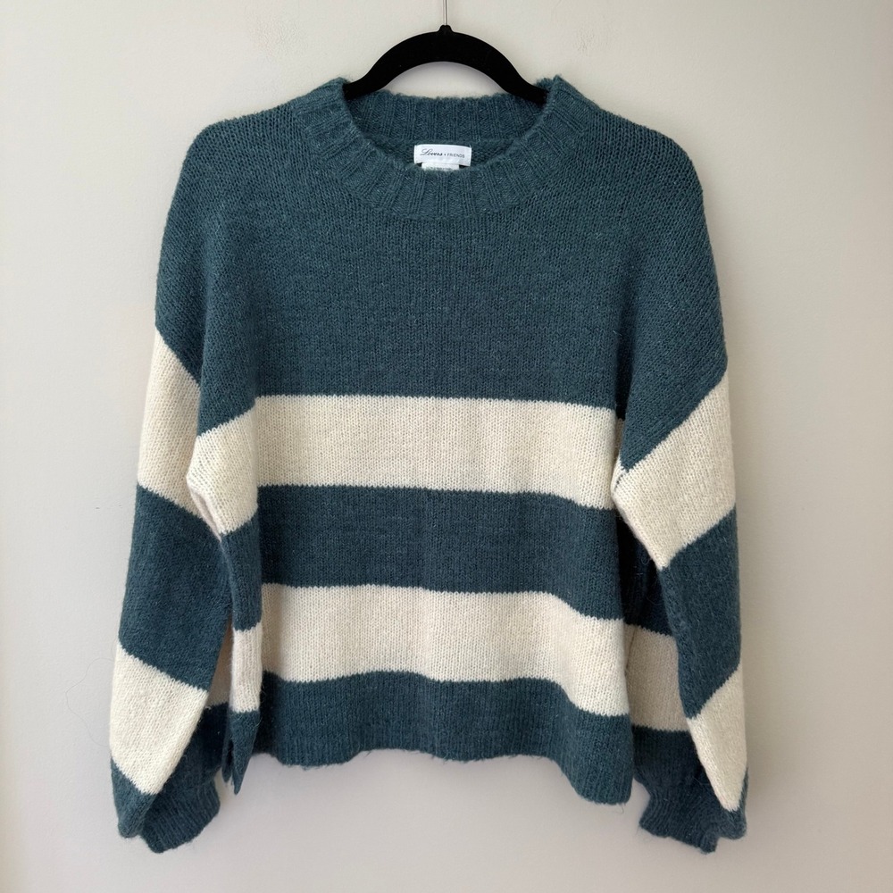 Lovers + Friends Striped Fuzzy Knit Sweater Teal Blue Cream White Size M
